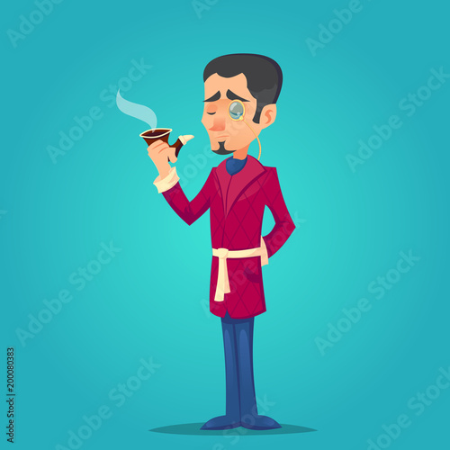 Stylish handsome man with beard and pipe. Dandy English Victorian gentleman in a dressing gown vector illustration cartoon