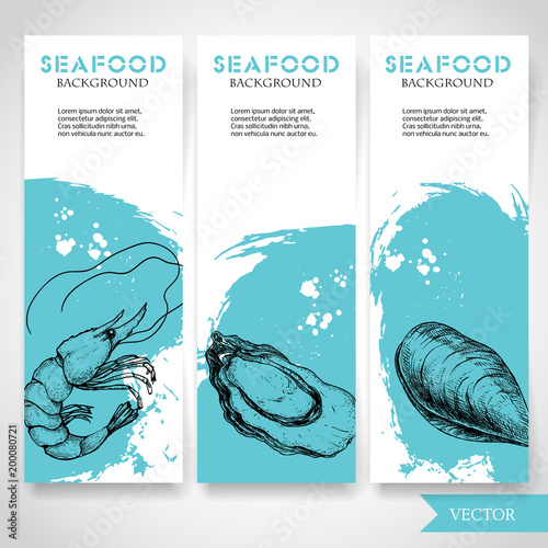 Seafood banner with watercolor blue background and hand drawn food. Sketch fresh shrimp, oyster and mussel shell. restaurant and fish market template. Vector illustration.