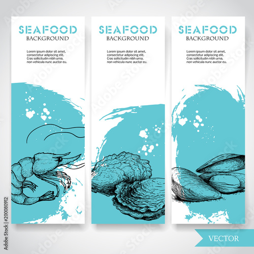 Seafood banner with watercolor blue background and hand drawn food. Sketch fresh shrimp, oysters and mussel shell. Restaurant and fish market template. Vector illustration.