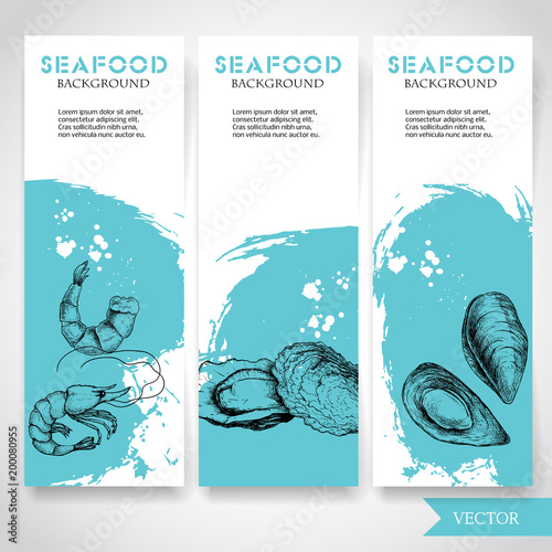 Seafood banner with watercolor blue background and hand drawn food. Sketch fresh shrimp, oysters and mussel shell. Restaurant and fish market template. Vector illustration.