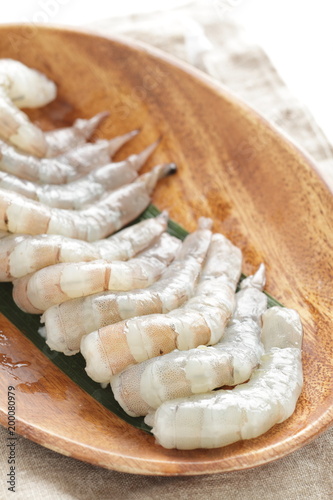 Prepared prawn on wooden plae photo