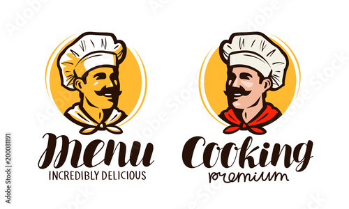 Chef logo or symbol. Meal concept. Element for menu of restaurant or cafe. Vector illustration