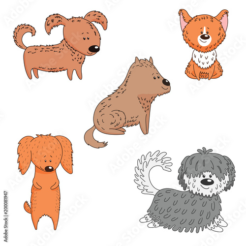 Hand drawn vector illustration with different cute funny cartoon dogs. Isolated objects on white background. Design concept for children, pets, domestic animals.