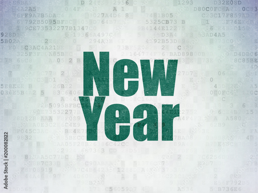 Holiday concept: Painted green word New Year on Digital Data Paper background Holiday concept: Painted green word New Year on Digital Data Paper background