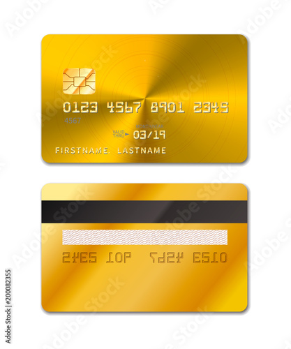Golden realistic credit card from both sides on white