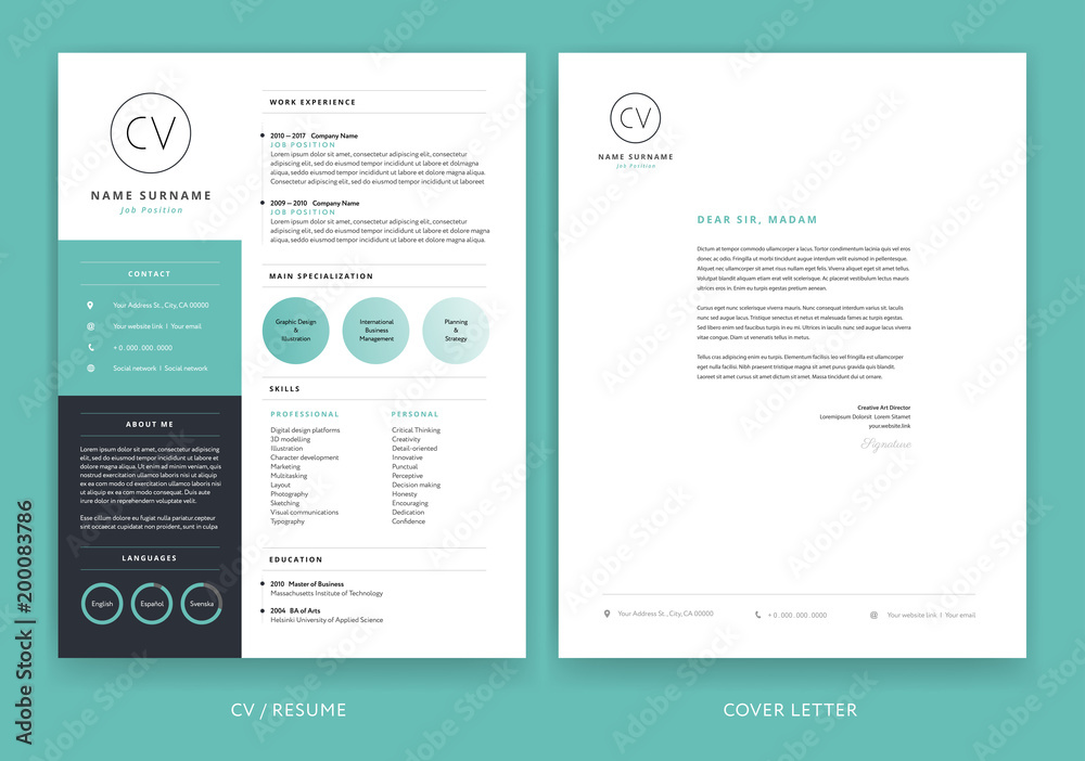 Elegant CV / resume template teal green background color minimalist vector  Stock Vector | Adobe Stock