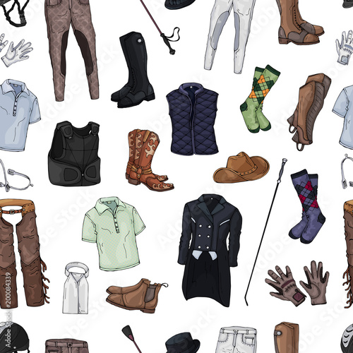 Pattern of isolated objects on the rider equipment theme. Vector colorful images of sports outfits and clothes for the horse rider.