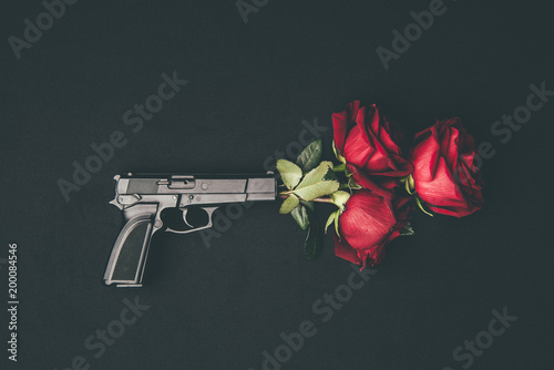 Fototapeta Naklejka Na Ścianę i Meble -  Red roses in gun barrel isolated on black
