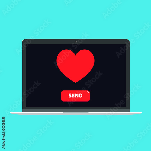 Modern device - laptop, computer or netbook pc flat design with heart and button send on the screen icon vector illustration. Technology concept of romance and love sign isolated on blue background.