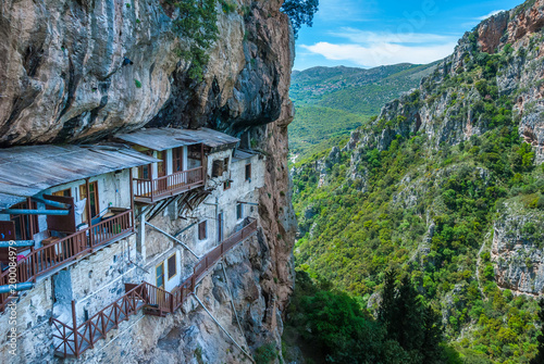 Prodromos monastery in Arcadia prefecture in Peloponnese Greece. The monastery is built in the 16th century on a huge vertical rock inside Lousios river gorge  photo