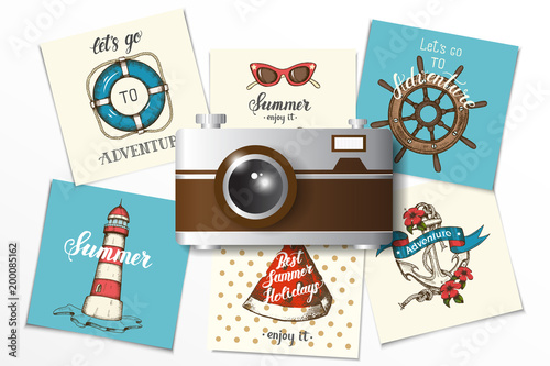 Summer vintage nautical design with realistic camera. Hand drawn vector anchor, lighthouse, shells, lifebuoy and handwheel. Lettering "Let's go to Adventure".  Banner, flyer, brochure. Advertising
