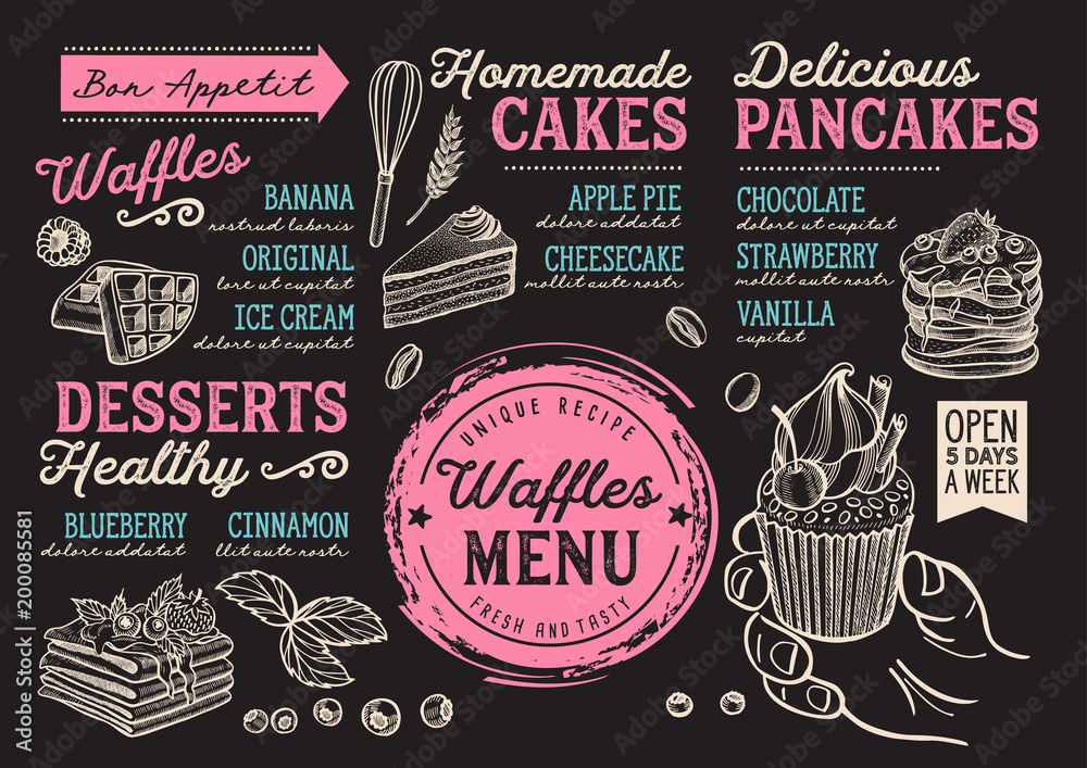 Fototapeta premium Waffles and crepes restaurant menu. Vector pancake food flyer for bar and cafe. Design template with vintage hand-drawn illustrations.