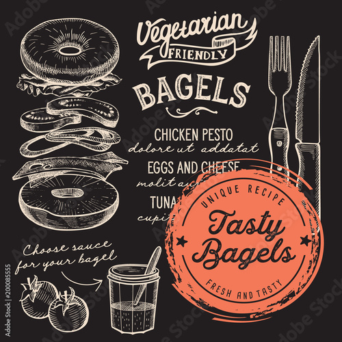 Bagels restaurant menu. Vector sandwich food flyer for bar and cafe. Design template with vintage hand-drawn illustrations.