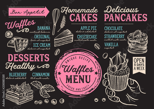 Waffles and crepes restaurant menu. Vector pancake food flyer for bar and cafe. Design template with vintage hand-drawn illustrations.