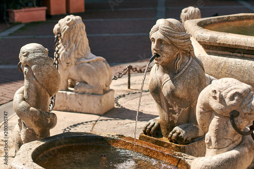 Beautiful old Contarini fountain on Piazza Vecchia square in Bergamo, Italy