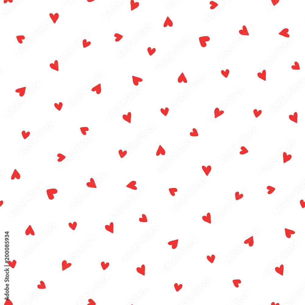 Hand drawn seamless vector pattern with red hearts on a white background. Design concept for Valentines day, kids textile print, wallpaper, wrapping paper.