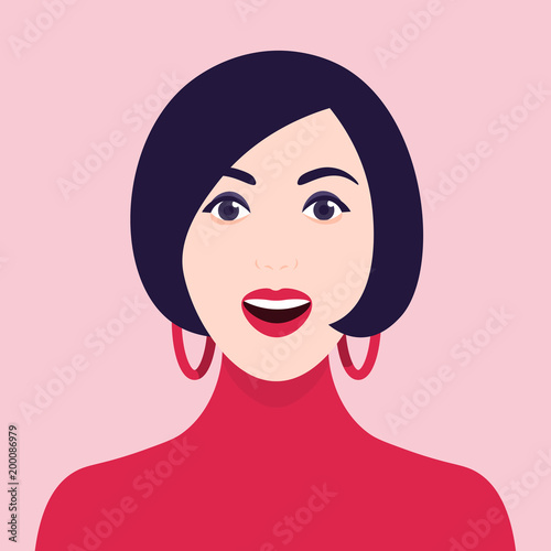 Delight and admiration. A woman's amazed face. Portrait of a girl. Vector Flat Illustration