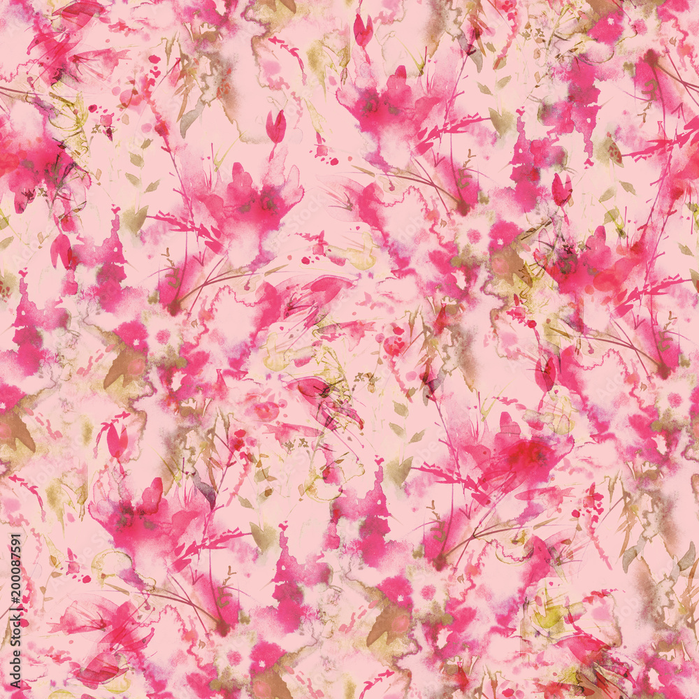 Seamless watercolor pattern, background, fabric, material. A bouquet of pink flowers, dandelion, twigs, orchid, poppy, rose a splash of paint. field flowers. On a pink background.
