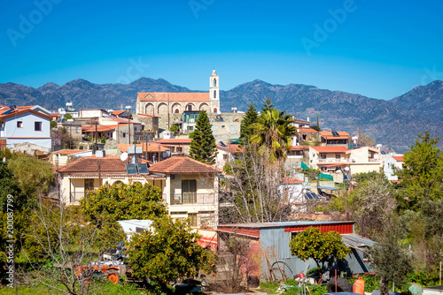 View of Kellaki village and Agios Georgios Tropaioforos church on top of the hill. Limassol District, Cyprus photo