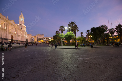 AREQUIPA PERU NOVEMBER 9: Main square of Arequipa with church on november 9 2015 in Arequipa Peru. Arequipa's Plaza de Armas is one of the most beautiful in Peru.