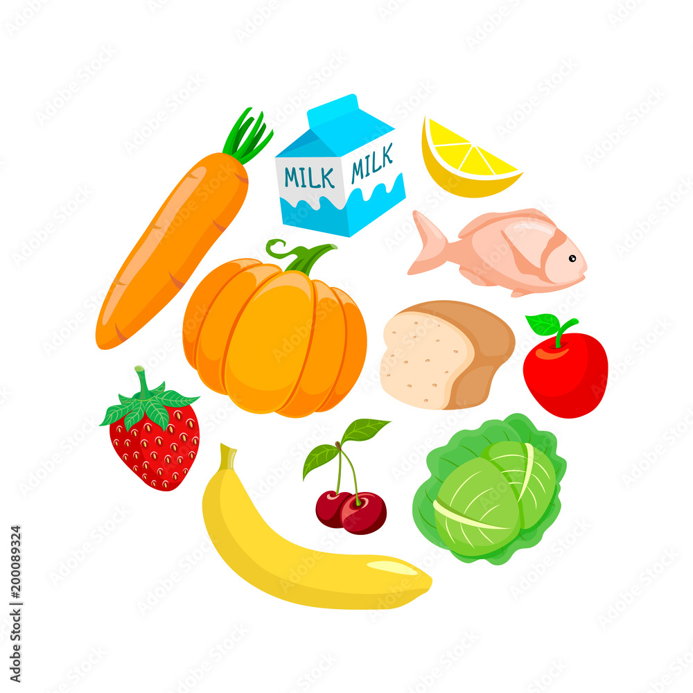 Foods in circle shape. Healthy food concept. Diet for life. Illustration isolated on white background. Foods in circle shape. Healthy food concept. Diet for life. Illustration isolated on white background.