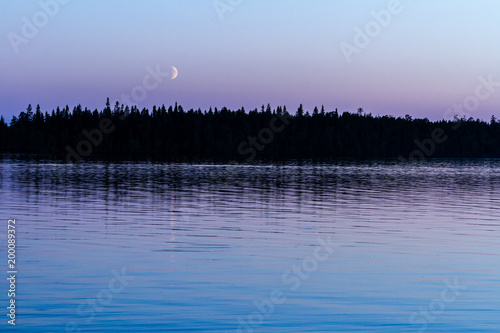 Mystical moon above the dark night forest near the lake, fantastic fabulous background.