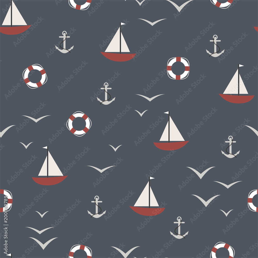 Marine seamless pattern with an anchor, the ship, a lifeline and a seagull. Vector.