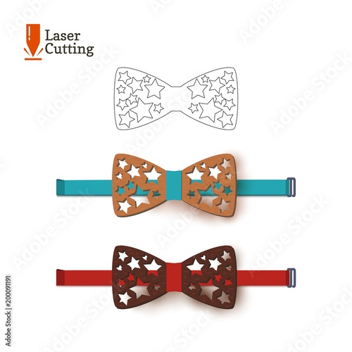 Laser cut bow-tie template. Vector silhouette for cutting a bow tie with stars on a lathe made of wood, metal, plastic. The idea of design of a stylish accessory.