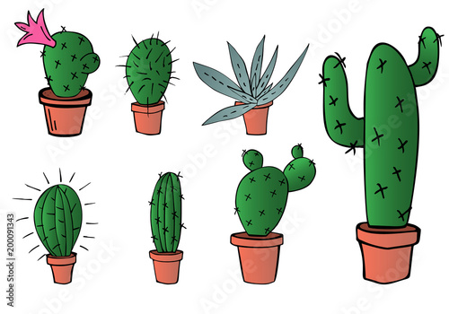 vector illustration set of home green cactus and aloe in brown clay pot in cartoon gradient colors