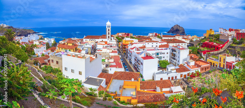 Panoramic aerial view of Garachico town on the coast of Tenerife island in Spain