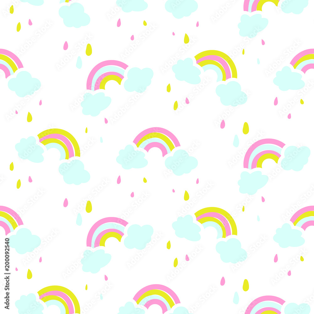 Seamless vector pattern with cute rainbow and clouds.