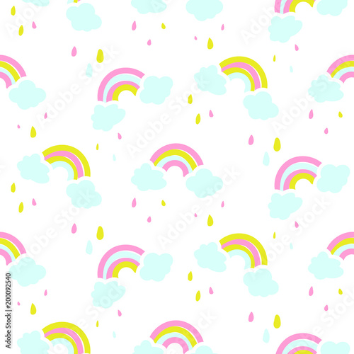 Seamless vector pattern with cute rainbow and clouds.