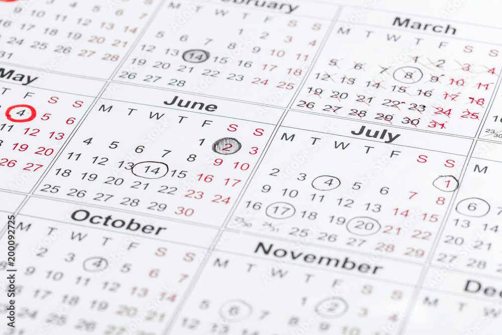 Closeup of dates on calendar page Closeup of dates on calendar page