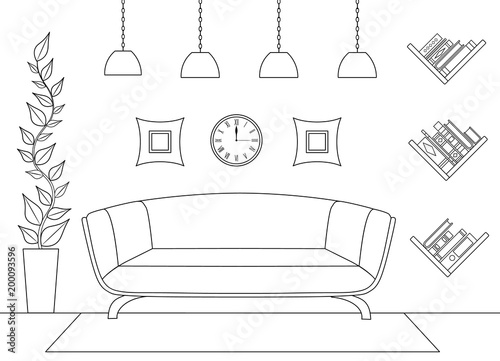 Linear interior. Vector. Front view. Schematic placement of furniture and details in the room.