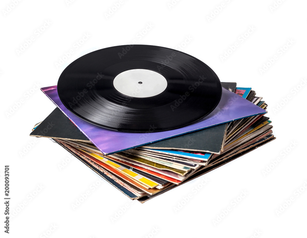 Stack of vinyl records covers isolated on white