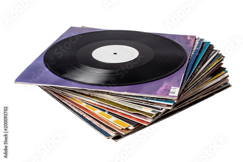 Stack of vinyl records covers isolated on white