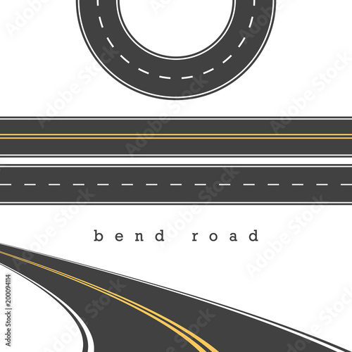 Bend Road, Straight and Curved Roads Vector Set, Road Junction. Vector Illustration. White and Yellow Road Marking