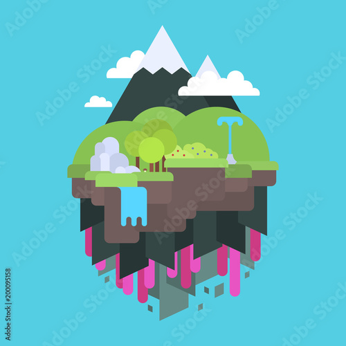 Floating island in the air, flat design vector illustration