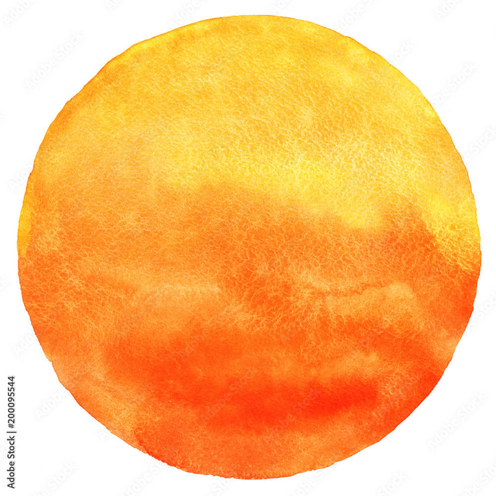 Watercolor sun isolated on white background. Sunset or rising sun illustration. Fire, tropical, flame colors round shape with watercolour stains. Orange, red and yellow circle with uneven edges. - obrazy, fototapety, plakaty 