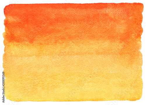 Fire, flame or sunset colors watercolor abstract background. Red, orange, yellow horizontal gradient fill with uneven edges. Hand drawn texture. Tropical colours watercolour stains.