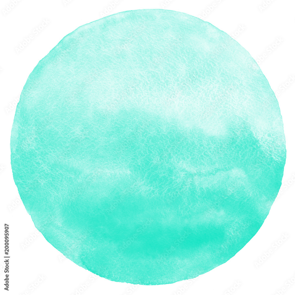 Mint green gradient watercolor circle isolated on white. Abstract round  shape background. Watercolour stains aquarelle texture. Stock Illustration