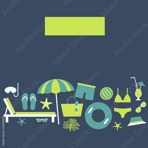 Summer vacation. Beach umbrella, starfish, flip flops, sunglasses. Vector background