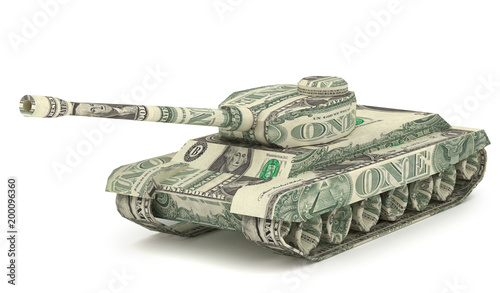 Dollar Tank. Money origami. Tank made from American One dollar bill. War relation concept. 3D illustration