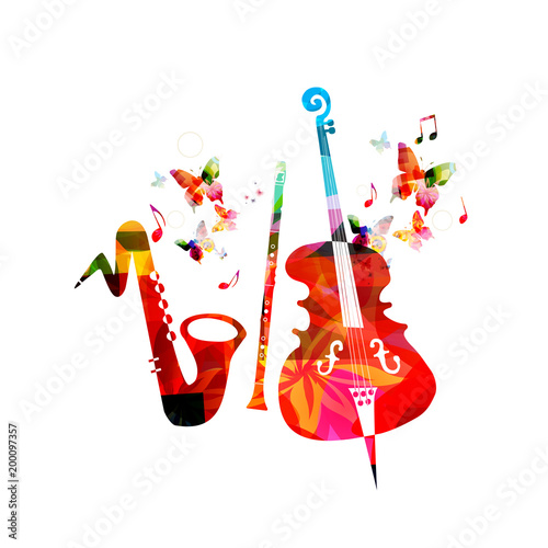 Music colorful background with saxophone, clarinet and violoncello. Music festival poster. Music instruments isolated vector illustration
