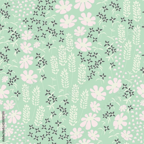Floral seamless pattern with beautiful flowers on mint background, vector illustration