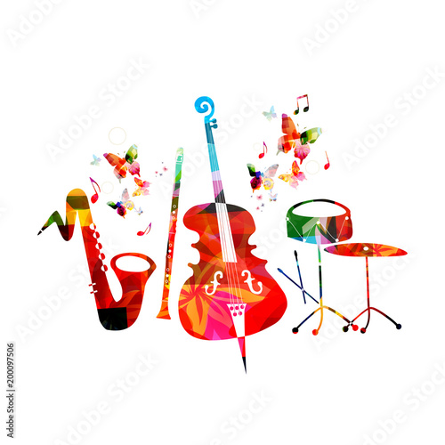 Music colorful background with saxophone, clarinet, violoncello and drum. Music festival poster. Music instruments isolated vector illustration