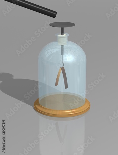 Charged object and diverge leaves electroscope. Physics education science classrooms experiment. Demonstration the principles of electrostatics. 3D illustration on a gray background.