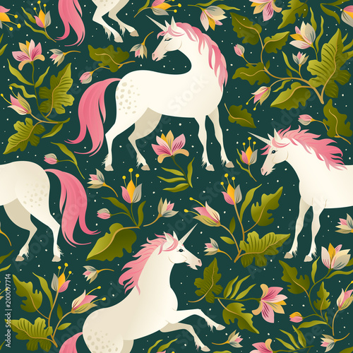 Seamless pattern with beautiful unicorns. Vector magic background for kids design. © Angelina Bambina