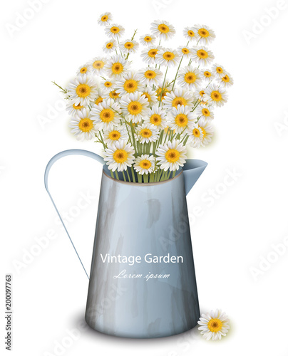 Chamomile flowers in a pot vase Vector. Spring background. Realistic 3d illus...