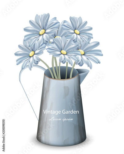 Vintage spring flowers background Vector. Blue daisies floral bouquet. Retro ...